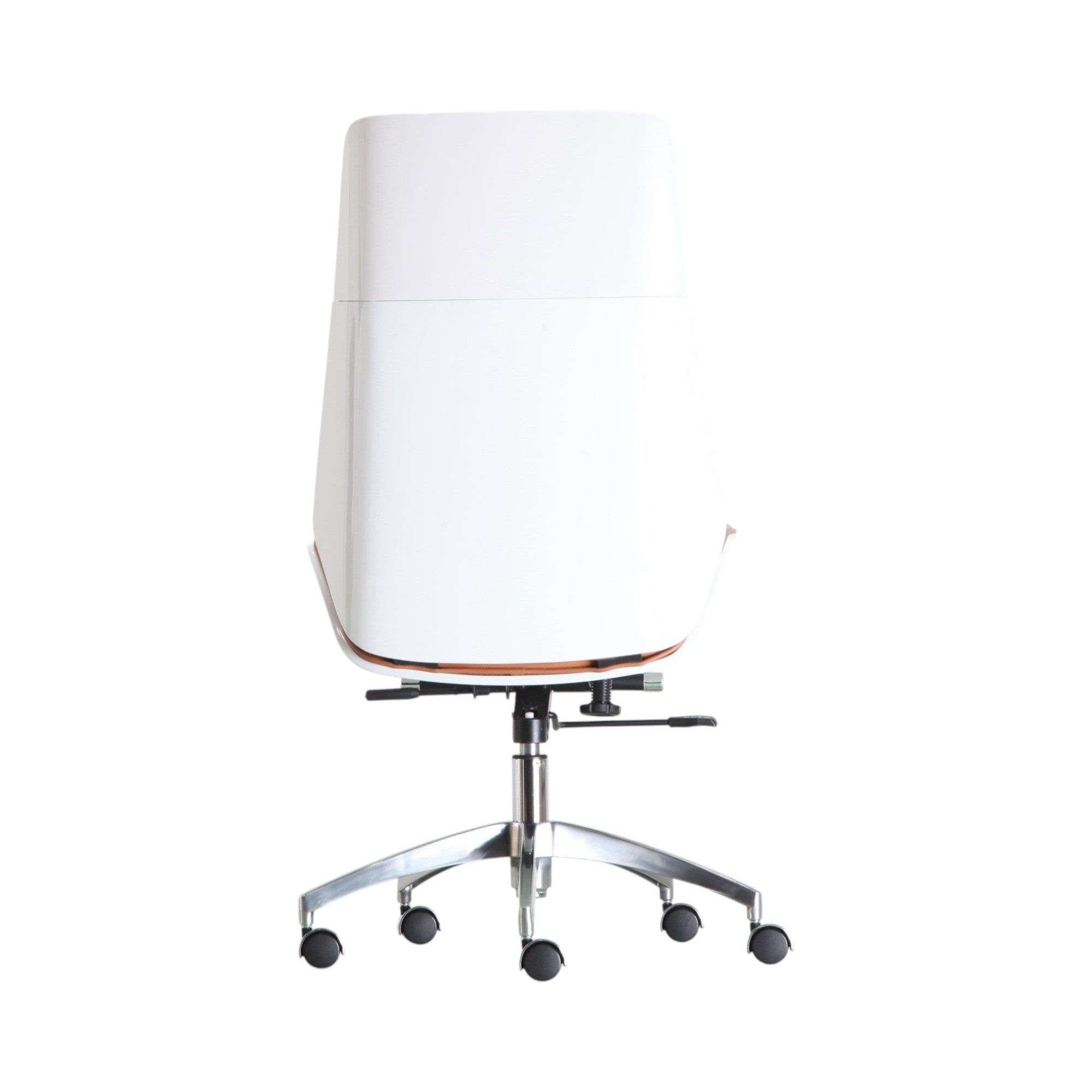 Xiaoyaozuo office chair executive high back chair with white shell and tan leather upholstery, ergonomic design, adjustable height, and casters.