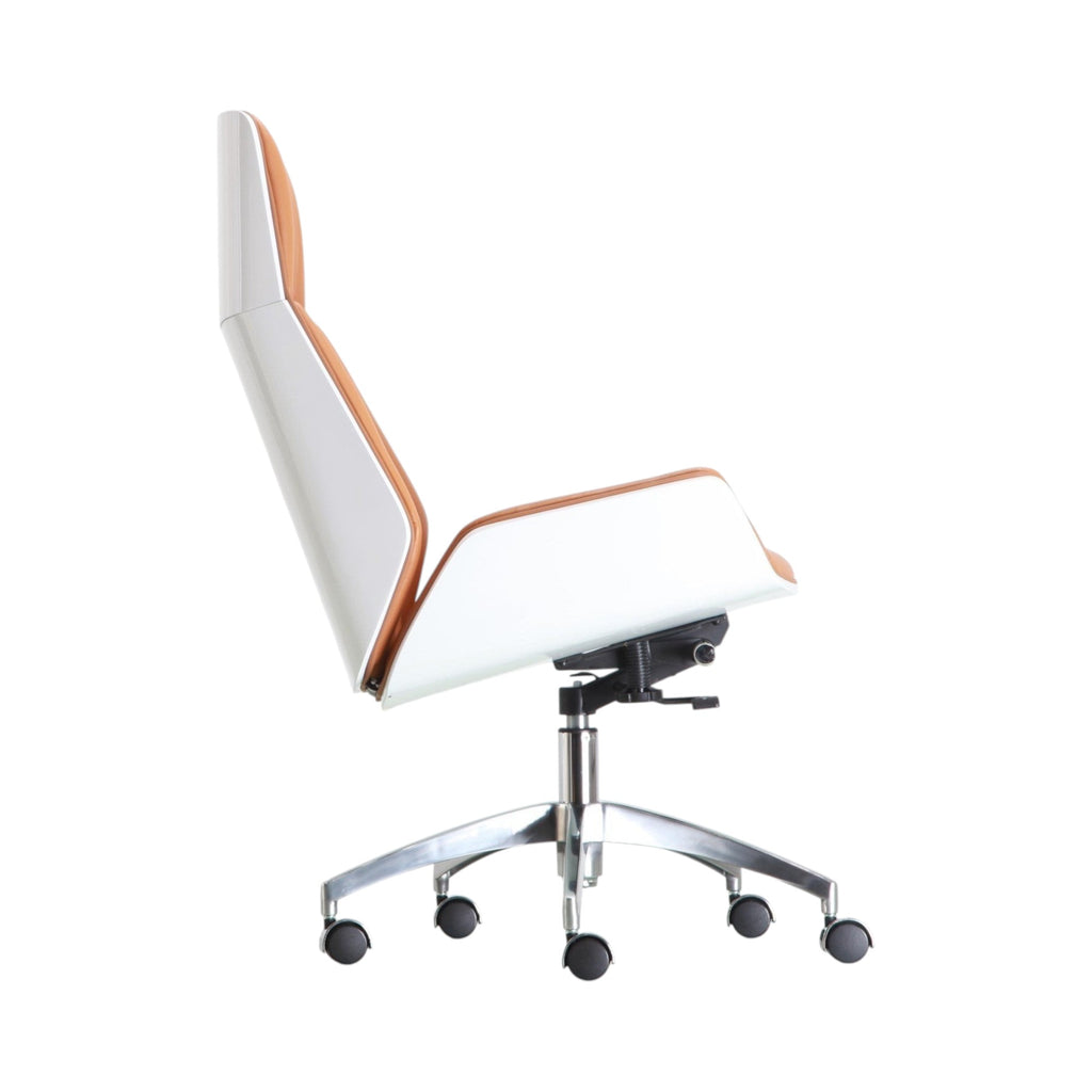 Xiaoyaozuo office chair executive high back chair with white shell and tan leather upholstery, ergonomic design, adjustable height, and casters.