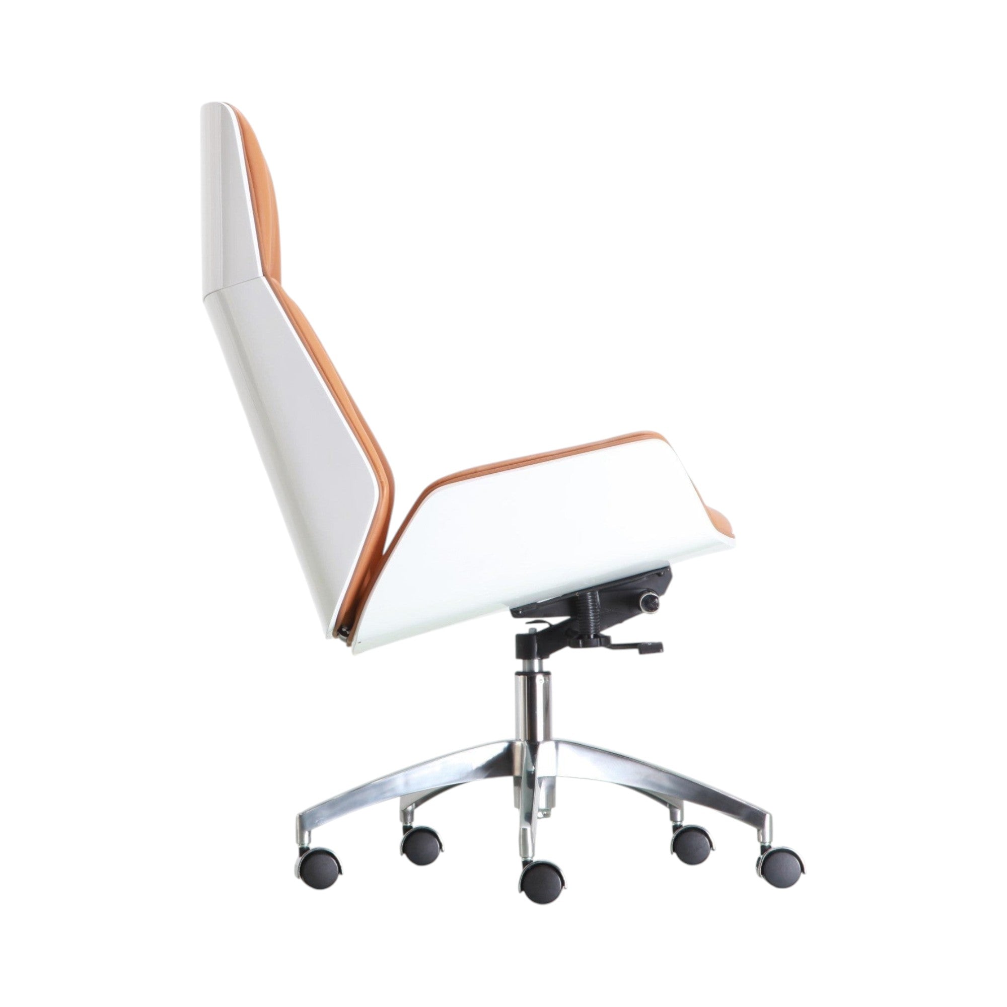 Xiaoyaozuo office chair executive high back chair with white shell and tan leather upholstery, ergonomic design, adjustable height, and casters.