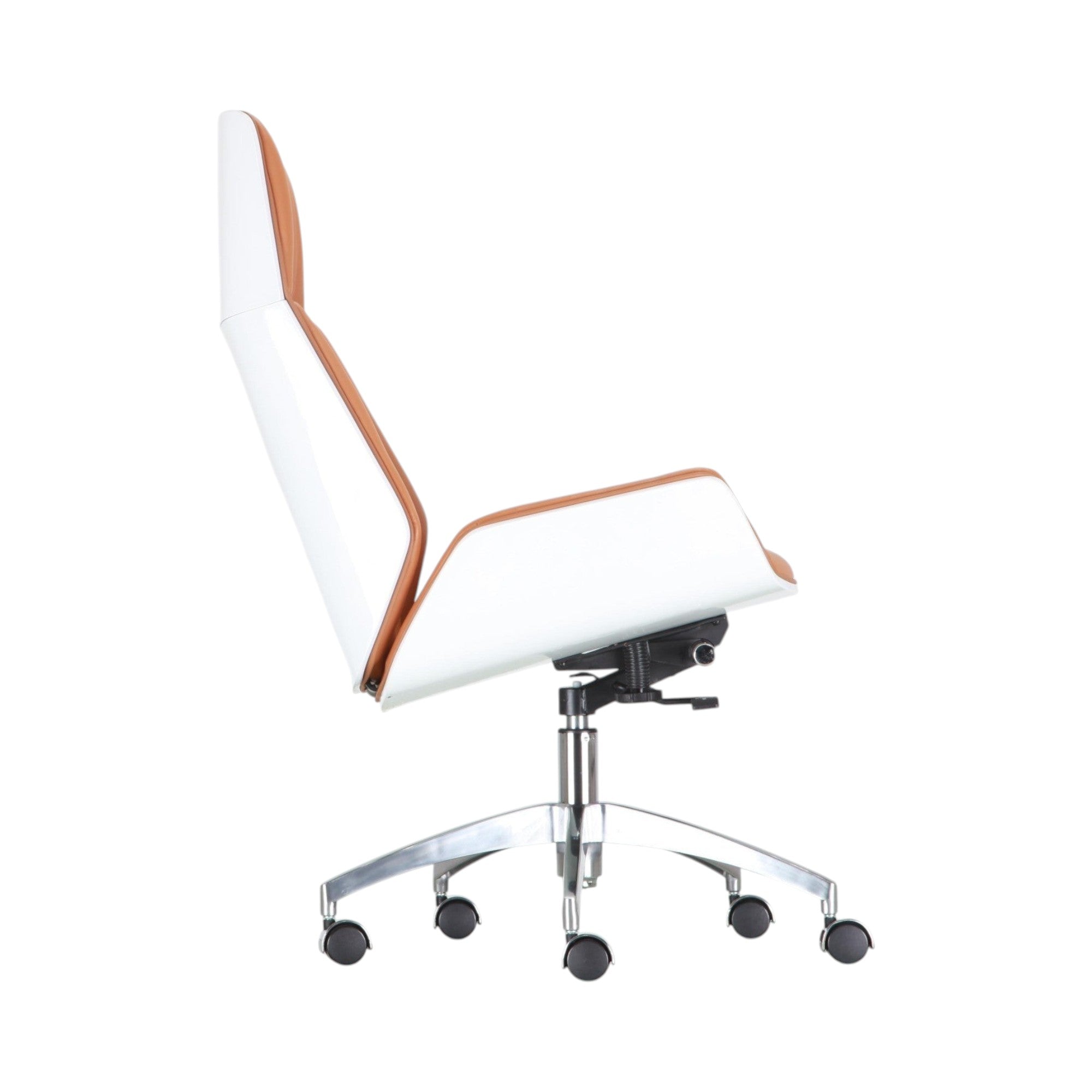 Xiaoyaozuo office chair: Executive high back office chair with white shell and tan leather upholstery, ergonomic design, adjustable height, and casters.