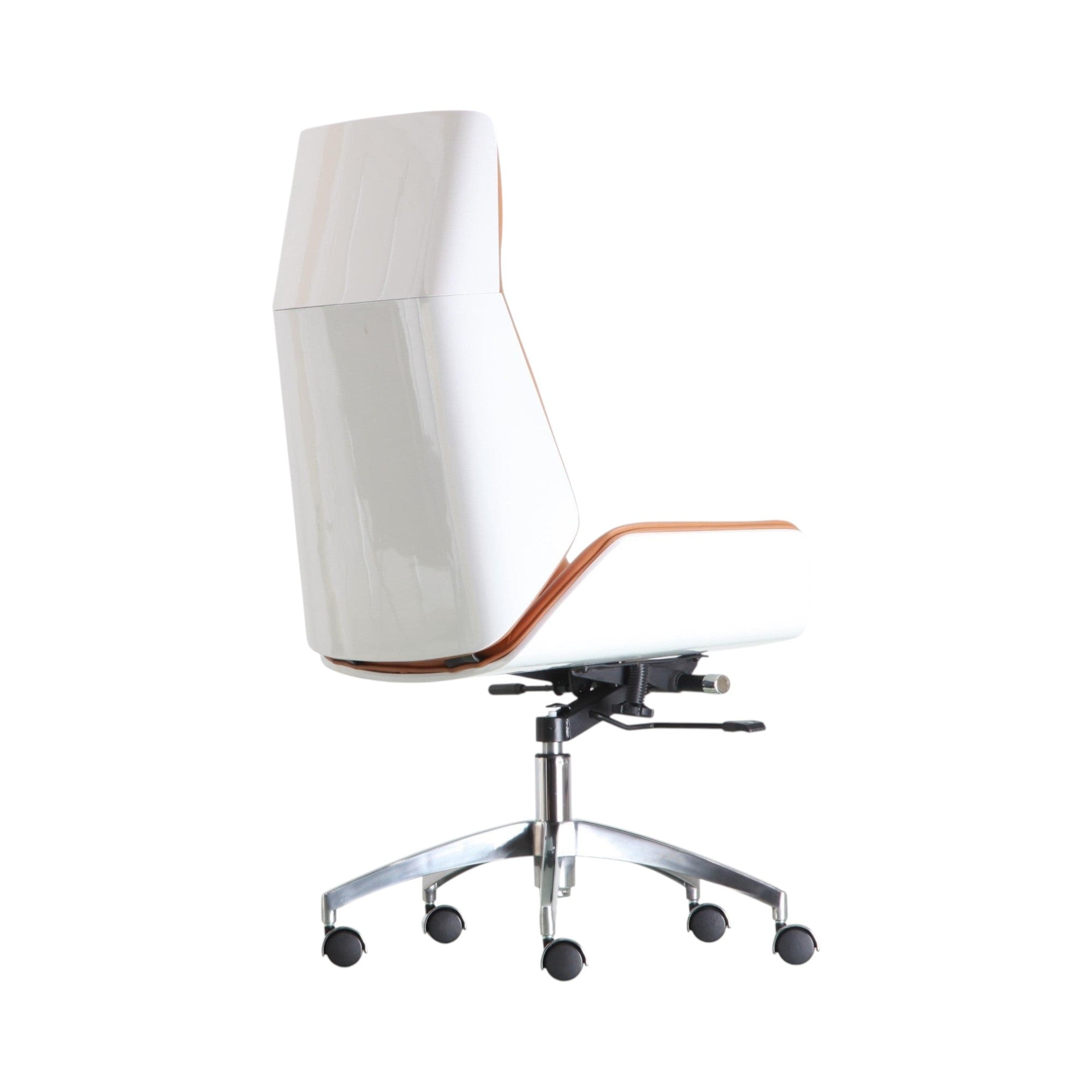 Xiaoyaozuo office chair executive high back chair with white shell and tan leather upholstery, ergonomic design, adjustable height, and casters.