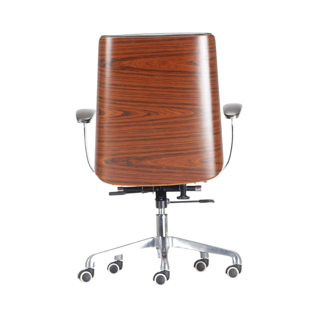 Xiaoyaozuo office chair executive chair with dark brown faux leather seat and curved wood veneer backrest on chrome base with casters