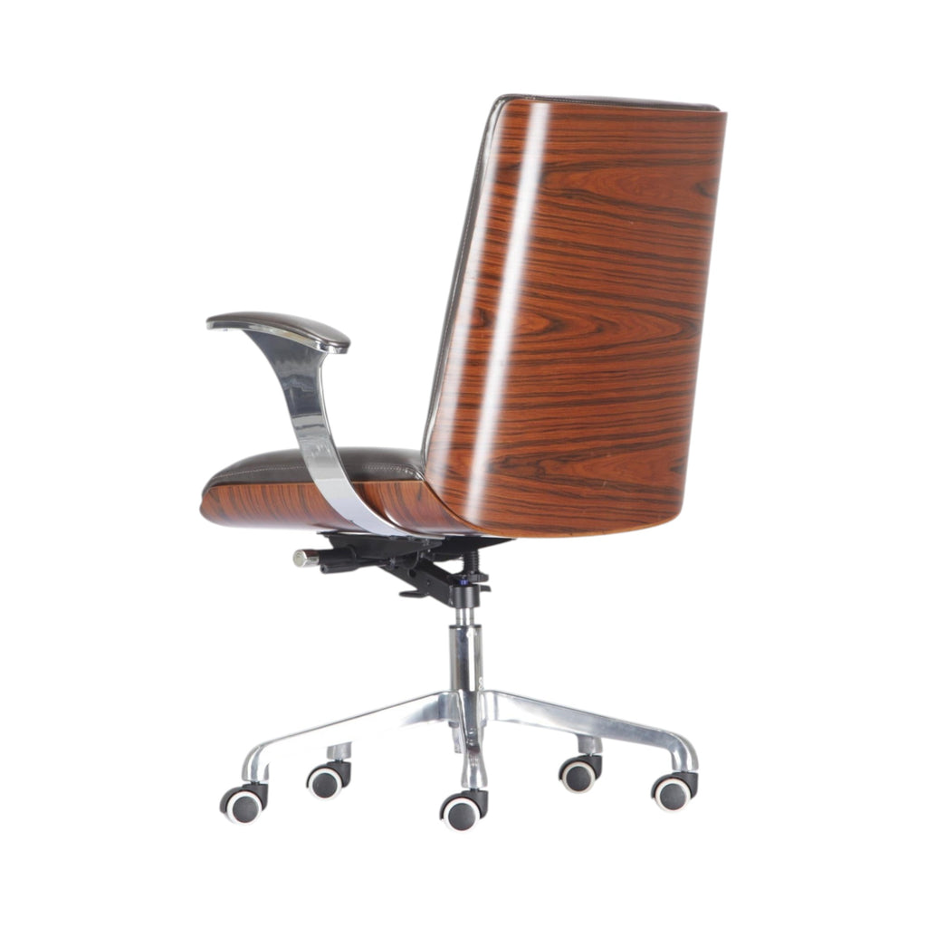 Xiaoyaozuo office chair: Executive chair with dark brown faux leather seat and curved wood veneer back. Chrome base with casters.