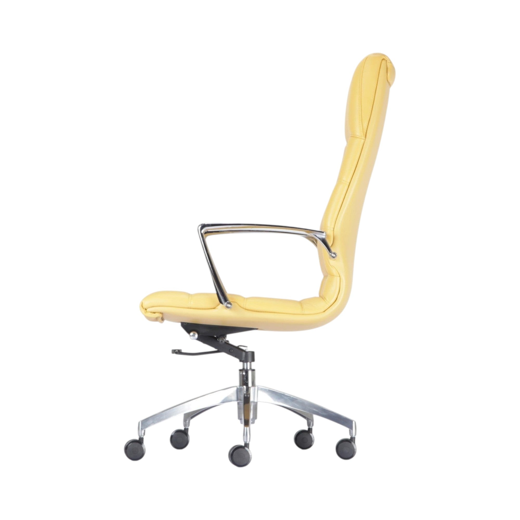 Xiaoyaozuo office chair executive high back chair in vibrant yellow leather with chrome accents and casters.